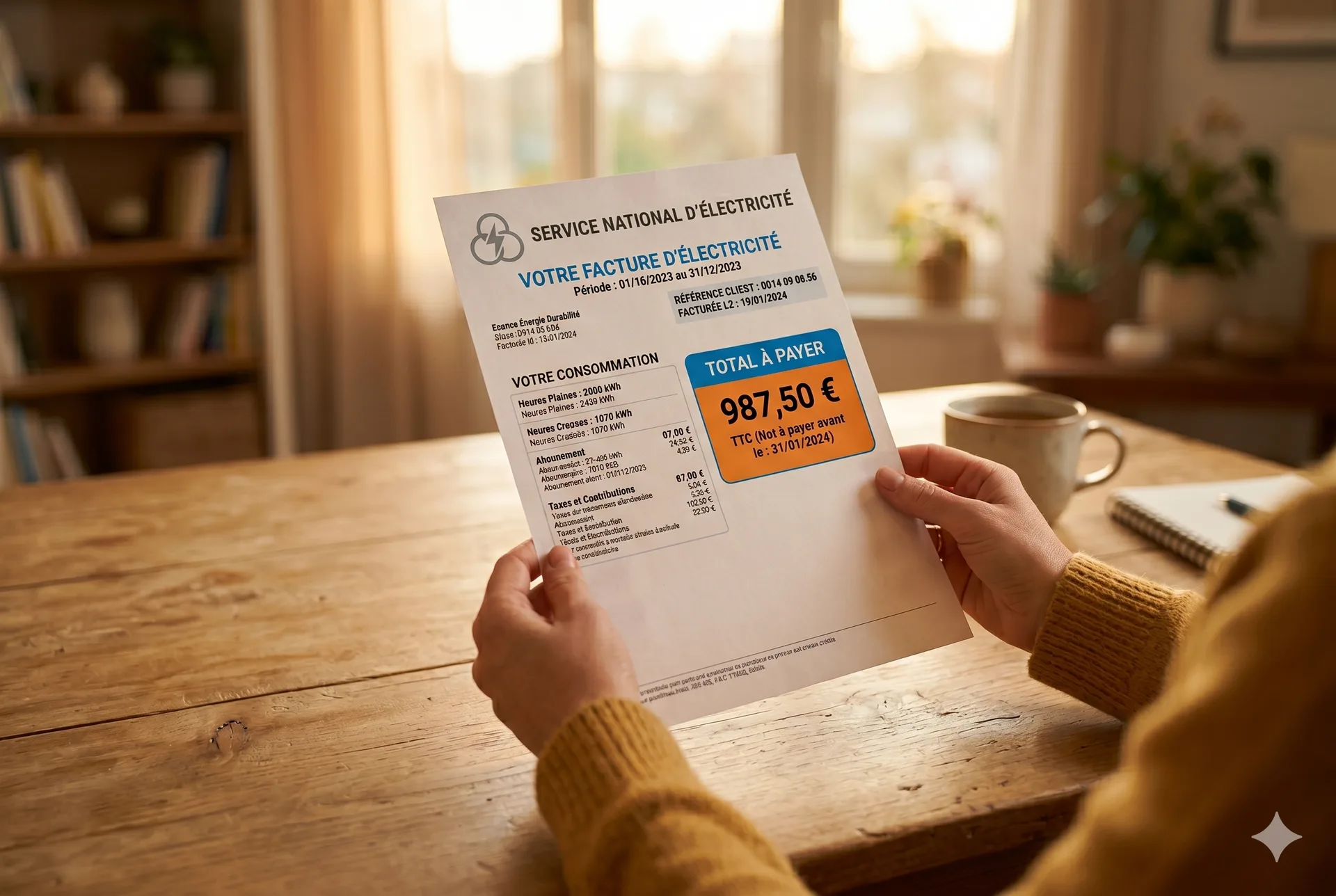 Facture d'électricité — total à payer 987,50 €